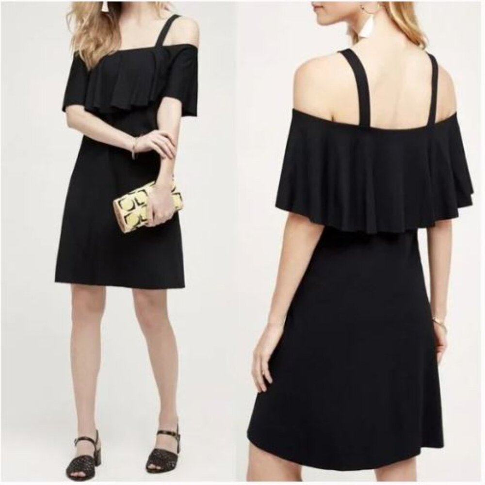 Anthropologie Maeve Black Rory Ruffle Dress Medium Excellent Condition Midi